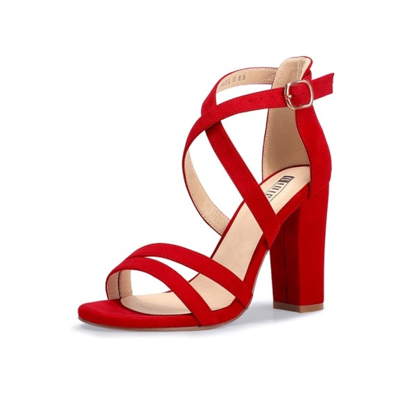Chunky High Heel Sandal Strappy Open Toe Ankle Strap Red Suede - Picture 3 of 6